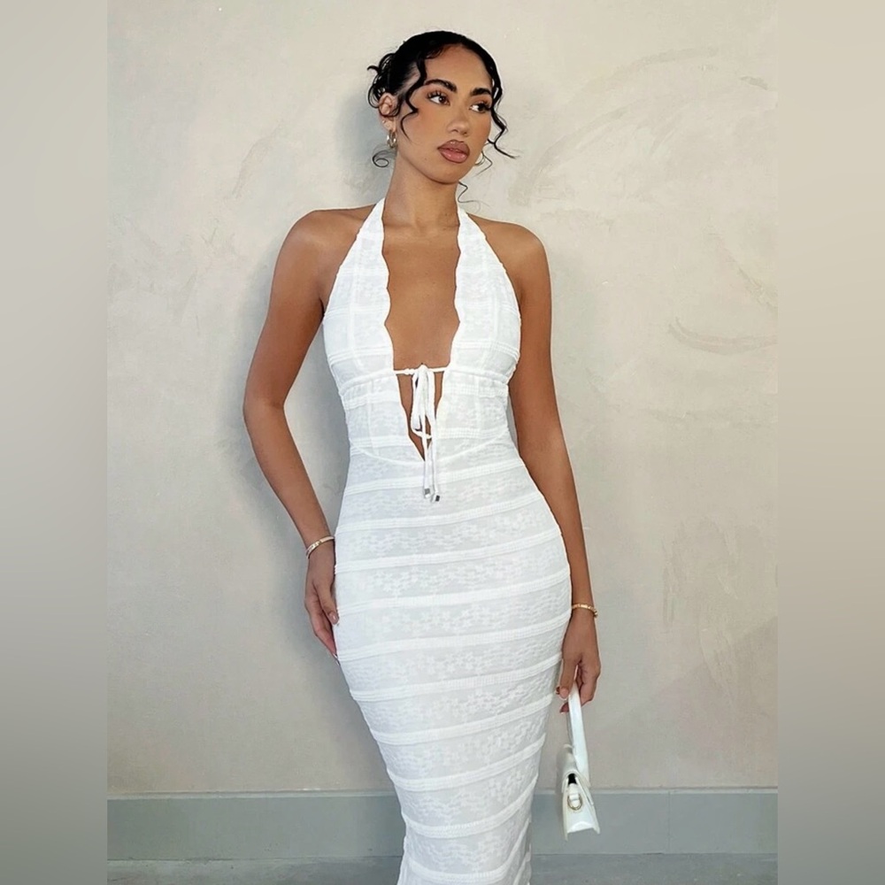 Elegant White Halter Open Back Dress